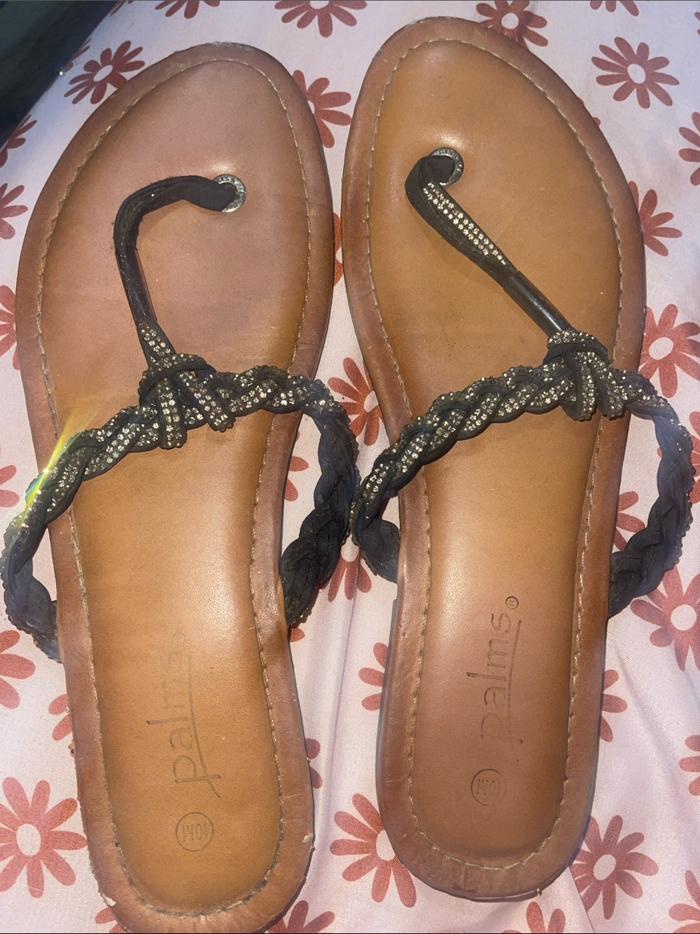 Palms Black Braided Rhinestone Toe-Post Sandals for Women